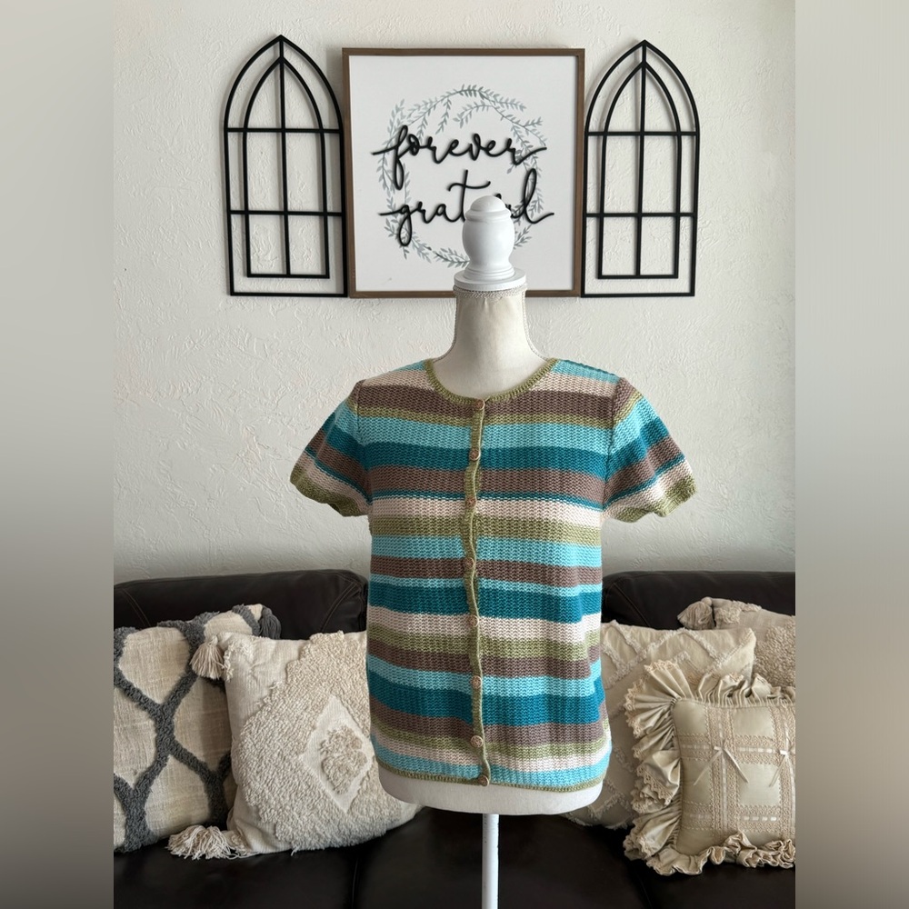 Vintage Coastal Granddaughter Short Sleeve Cardigan Cover Size M Hand Crochet - Picture 12 of 16
